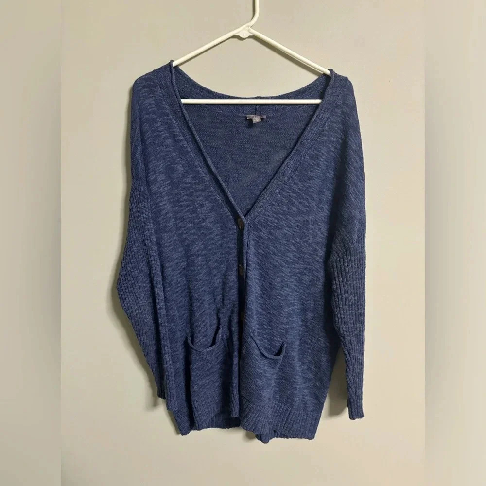 J Jill Blue Button Front V-Neck Cardigan Sweater Pockets Size Large Petite
